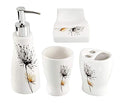 HOME-X Bathroom Accessory Set, 4-Piece Set with Soap Dish, Liquid Dispenser, Tumbler, and Toothbrush Holder, White with Flower Print