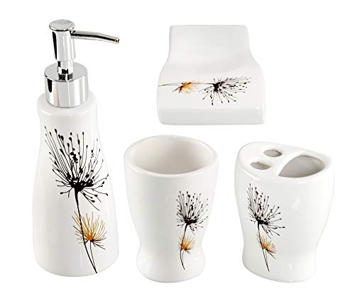 HOME-X Bathroom Accessory Set, 4-Piece Set with Soap Dish, Liquid Dispenser, Tumbler, and Toothbrush Holder, White with Flower Print