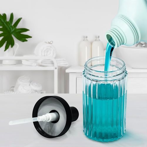 2 Pack Ribbed Clear Glass Soap Dispenser Set, 14.3 OZ Wide Mouth Refillable Hand & Dish Soap Dispensers with Matte Black ABS Pump, 4 Waterproof Labels, Bathroom Countertop & Kitchen Sink - color: Clear-glass