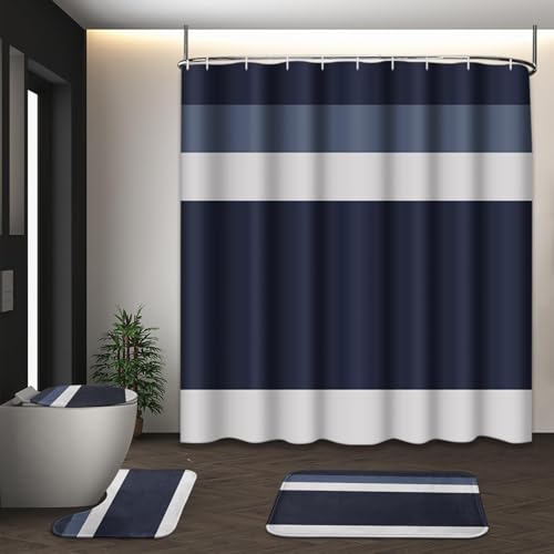 Striped Blue Shower Curtain Set with Toilet Lid Cover and Non-Slip Rugs for Bathroom, Minimalist Navy Geometric 4 Pcs Shower Curtain, Modern Bathroom Set with 12 Hooks - color: Stripes Dark Blue