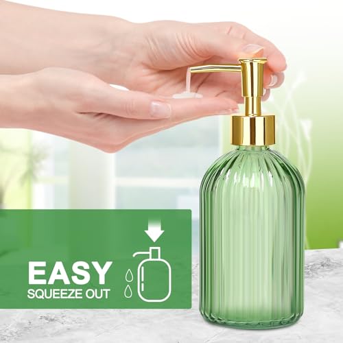 Haturi Bathroom Accessories Set, 4 Pcs Green Glass Bathroom Accessory Set Complete w/Lotion Soap Dispenser, Toothbrush Holder, Qtip Holder, Vanity Tray, Gold Bathroom Decor, Gift for Home Apartment - style: Light Green