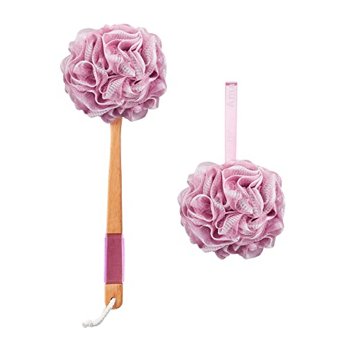 AmazerBath Shower Sponge Loofah Back Scrubber, PE Soft Mesh Loofah Body Scrubber with Long Wooden Handle, Bath Sponge for Men Women (Pink) - style: Pink