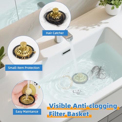 Universal Bathtub Drain Stopper, Brass Metal Shower Hair Catcher, Brushed Gold | 3 in 1 Bathroom Sink Strainer with Visible Top Filter, Tub Stopper for Standard 1.1''~2.36'' Sink Hole - color: Brushed Gold