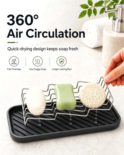 OZNER 304 Stainless Steel 3 Bar Soap Holder, Self Draining Soap Dish for Shower, Shampoo Bar Holder with Detachable Silicone Tray, Rust Proof Soap Saver for Bathroom Sink & Kitchen - size: L(9.25"*3.7)