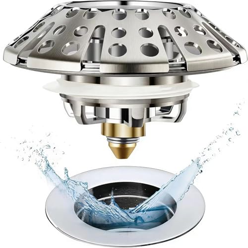 AzWzz Bathtub Drain Stopper, Pop Up Tub Stopper Plug with Bathtub Drain Hair Catcher Cover, Universal for 1.45 in to 1.8 in Tub Drain, Brushed Nickel - color: Brushed Nickel, style: Tub Drain Stopper with Hair Catcher