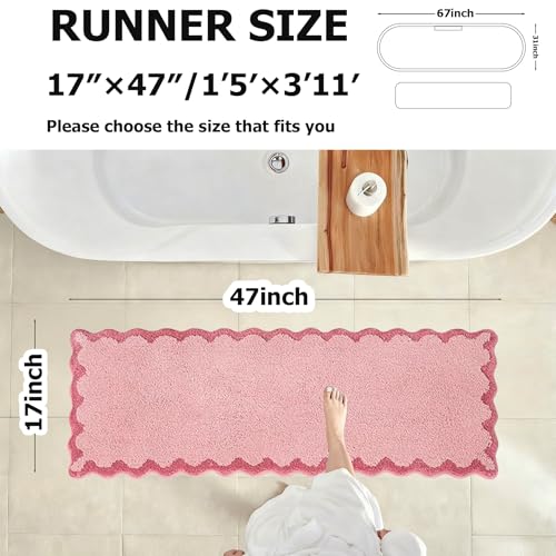 ORTIGIA Long Cute Scalloped Bathroom Rugs Runner, Fun Candy Pink Plush Microfiber Scallop Bath Mats Non Slip Washable Quick Dry Absorbent, Rug Carpet for Bathtub Sink Laundry Room Bedroom, 17x47 - color: Candy Pink, size: 1'5" x 3'11" (Rectangular)
