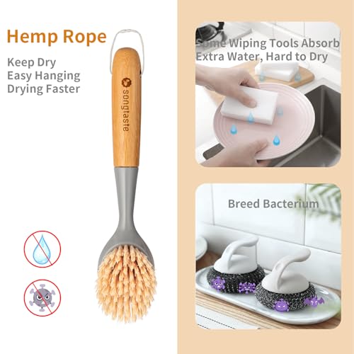 2 Pack Kitchen Dish Brush Bamboo Handle Dish Scrubber Built-in Scraper, Scrub Brush for Pans, Pots, Kitchen Sink Cleaning, Dishwashing and Cleaning Brushes are Perfect Cleaning Tools, Color-Gray - style: Gray
