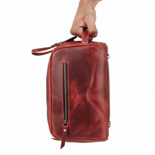KomalC Leather Toiletry Bag for Men & Women – Handcrafted Travel Grooming Kit with Water-Resistant Lining and Secure Zipper Closure - style: 1 Zip Classic Red