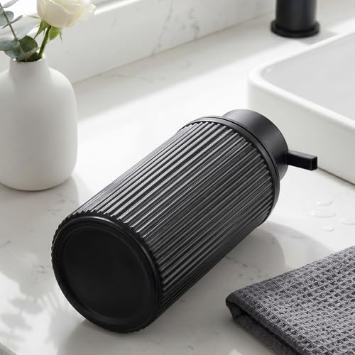 KASUNTING Matte Black Foaming Soap Dispenser, Ribbed Glass Foam Hand Soap Dispenser for Bathroom, 11 Fl Oz Refillable Foaming Bottle with Black Pump, Modern Dish Soap Foam Dispenser - color: Black Bottle+ Black Pump, size: Foam-1 Pack