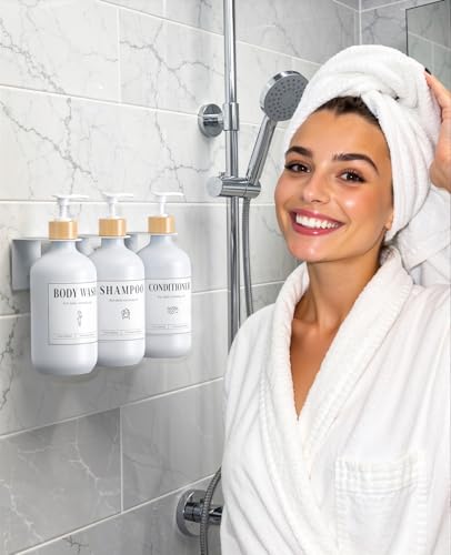 Luxspire Shampoo and Conditioner Dispenser, Shower Soap Dispenser Wall Mounted 3 Sets Plastic Bottles Bamboo Pump, 17OZ Shampoo and Conditioner Bottles for Bathroom, Shower Wall and Hotel, White - color: Matte White