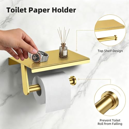 Gold 5-Piece Bathroom Hardware Set, 23.6 Inch Towel Bar Set SUS304 Stainless Steel Towel Racks for Bathroom Round Towel Bar, Towel Ring, Toilet Paper Holder, 2 Robe Hooks, Wall Mounted - color: Gold