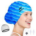 WHALE Extra Large Swim Cap Designed for Men and Women with Thick, Long Hair, Hair Extensions Or Afro-Textured Hair Long-Hair Swim Cap Highly Waterproof to Keep Hair Dry - color: Wave-patterned