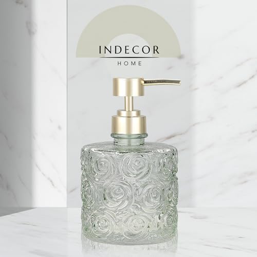 Marcella Glass Soap Dispenser with Soap Pump, Refillable 14 Ounce Capacity, Floral Design Rose Patterns, Heavy Weight Thick Glass for Bathroom, Premium Kitchen Soap Dispenser Reseda Sage - color: Reseda Sage