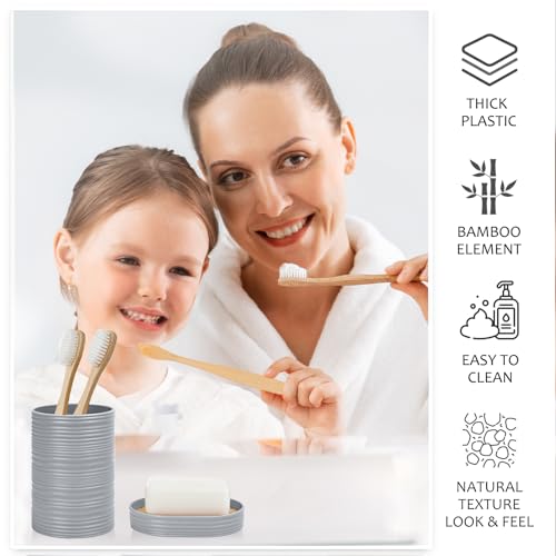 CERBIOR Bathroom Accessories Set 6 Piece Bamboo Bath Ensemble Includes Soap Dispenser, Toothbrush Holder, Toothbrush Cup, Soap Dish for Decorative Countertop and Housewarming Gift, Sriral Grey - style: Grey