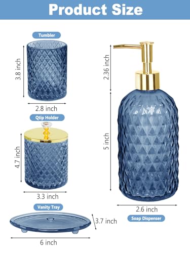 Haturi Blue Bathroom Accessories Set, 4Pcs Glass Bathroom Accessory Set Complete w/Lotion Soap Dispenser, Toothbrush Holder, Qtip Holder, Soap Dish, Blue Bathroom Decor Sets, Gift for Home Apartment - style: Navy Blue