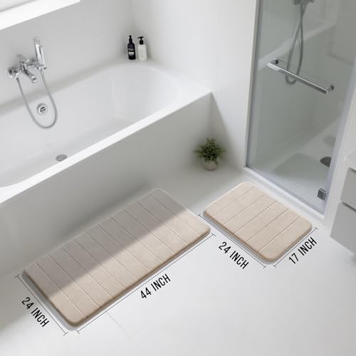 Yimobra Large Bath Mat Set 2 Piece- Super Soft Absorbent Quick Dry Memory Foam Bathroom Rugs, Machine Washable Non Slip Floor Carpet for Tub Shower & Double Vanity (17x24 & 44x24, Beige) - color: Beige, size: 44x24+24x17 Inch