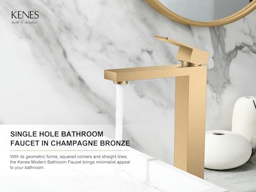 KENES Champagne Bronze Vessel Sink Faucet, Single Handle Tall Bathroom Faucet Single Hole, Bathroom Vanity Faucet with Pop Up Drain and Supply Lines, LJ-9031A-CB - color: Champagne Bronze, size: Tall