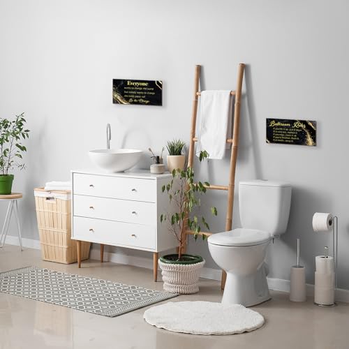 DONFENTHY 2 Pieces Black Gold Bathroom Decor Bathroom Rules Wall Art Rustic Farmhouse Rules Wooden Sign for Toilet Decor (Black Gold 12x6") - color: Black