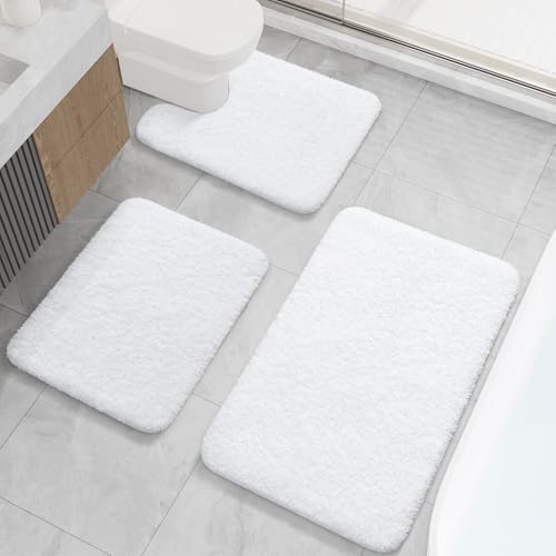 LOCHAS Bathroom Rugs Sets 3 Piece, Microfiber Bath Rug Set Non Slip Washable, Shaggy Toilet Rug Set Absorbent, Soft Cozy Bath Mat Set Quick Dry, White - color: White, size: 30" x 20" + 24" x 17" + U Shape 24" x 20"