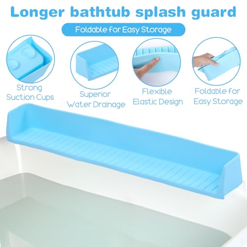 Silicone Bathtub Kids Splash Guard – Extra Long 2.6FT Play Shelf with 11 Strong Suction Cups, Toddler Bath Toy Tray & Caddy Holder, Water Spill Barrier for Bathroom, No Mess Fun Time – Blue