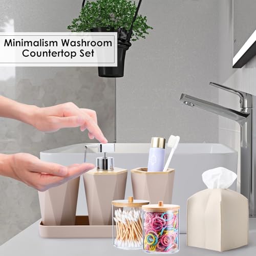 Beige Bathroom Accessories Set, 10 Pieces Bamboo Bathroom Set with Trash Can, Tray, Soap Dispenser, Soap Dish, Toothbrush Holder, Toothbrush Cup, Tissue Holder, Toilet Brush and Qtip Holders - color: Beige