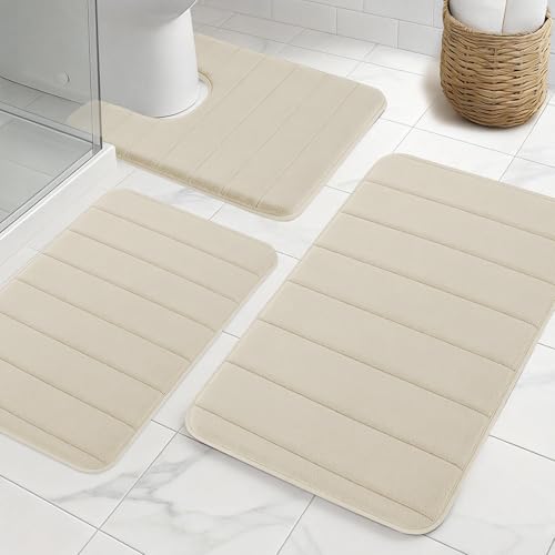 Bathroom Rugs Sets 3 Pieces Thicker Memory Foam Bath Mat with Non Slip Backing, Machine Wash, Dries Quickly, Ultra Soft Beige Bath Carpet with Toilet Rug for Bathroom,Kitchen,Tub - color: Beige, size: 31" X 19" + 23" X 15" + U19" X 15"