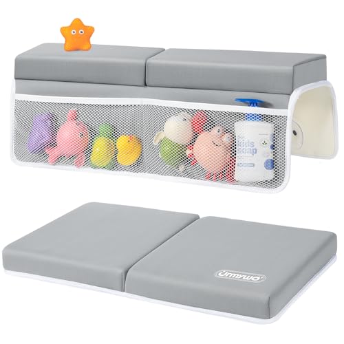 URMYWO Bath Kneeler and Elbow Rest Pad Set - 1.5" Thick Baby Bath Kneeler Pads with Toys Organizer, Anti-Slip Cozy Knee & Arm Support Bathtub Mat, Quick Dry Kneeling Pad for Baby Bath Time - color: Grey