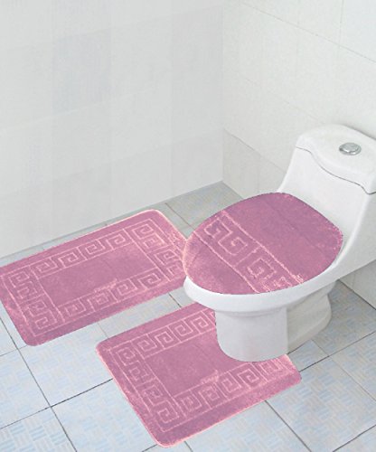 WPM WORLD PRODUCTS MART 3 Piece Bath Rug Set Pattern Bathroom Rug (20"x32")/Large Contour Mat (20"x20") with Lid Cover (Pink) - color: Pink
