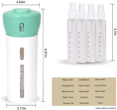 Travigo 4-in-1 Travel Dispenser Bottle, TSA Approved, Leak Proof, Four Reusable 1.4 oz. (40 mL) Toiletry Containers for Shampoo, Conditioner, Soap, Lotion, Skincare (Green) - color: 1 Dispenser (Green)