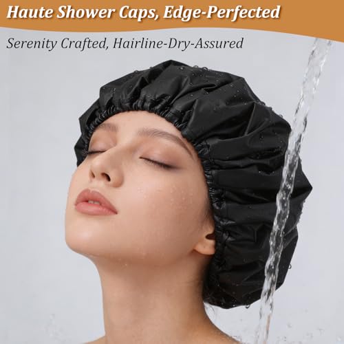 2-Pack Waterproof Shower Cap with 2 Hair Protection Bonnets - 13.4" Adjustable Terry Lined Bath Cap for Long Hair, Braids, Locs, Men & Women, Reusable Polyester Double Layer