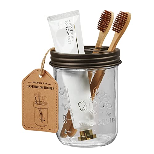 Amolliar Mason Jar Bathroom Accessories Set (4 Pcs) - Lotion Soap Dispenser & 2 Cotton Swab Holder & Toothbrush Holder-Rustic Farmhouse Decor, Countertop Vanity Organize, Bathroom Home Decor (Bronze) - size: Bronze, style: Standard-mouth