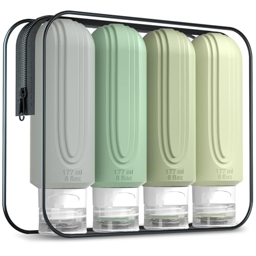 Mrsdry Travel Bottles for Toiletries, Large 6oz Oversize Containers, BPA Free Leak Proof Tubs Refillable Liquid Traveler Accessories with Toiletry Bag for Cometic Shampoo and Lotion Soap (4 Pack) - color: Mint-Grey-6oz