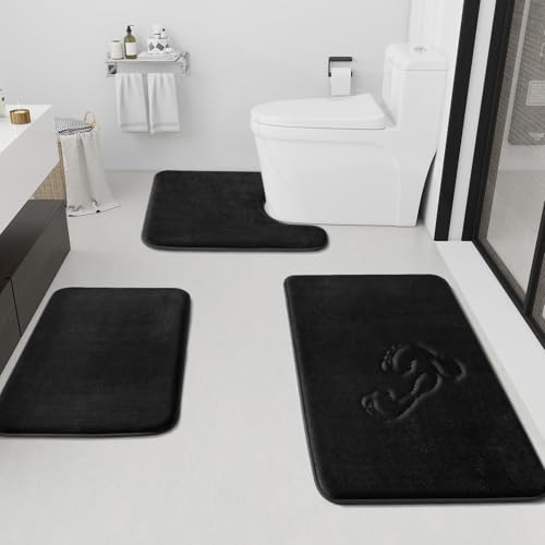 HUXMEYSON Bathroom Rugs Sets 3 Piece, Non-Slip & Quick Dry Bath Mat Set, Ultra Soft Velvet Bath Rugs for Bathroom, Toilet and Shower Floor, Black - color: Black, size: 17"x24"+20"x32"+U Shape 20"x24"