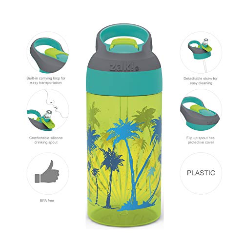 Zak Designs 16oz Riverside Beach Life Kids Water Bottle with Straw and Built in Carrying Loop Made of Durable Plastic, Leak-Proof Design for Travel, 2PK Set - color: Beach Life and Surfing Boards