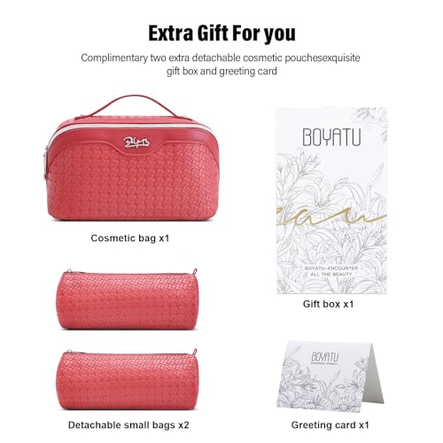 BOYATU Travel Makeup Bag Cosmetic Bags for Women: Large Capacity 3 Pcs Set Make up Bag with Compartments - Waterproof Vegan Leather Toiletry Organizer Bags with Handle (L54Rose) - color: L54Rose