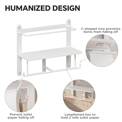 Homeiju Double Toilet Paper Holder with Shelf, Wooden Wall-Mounted Toilet Paper Roll Holder, Wall-Mounted Bathroom Organizer, Double Roll, Suitable for Bathrooms(White) - color: White