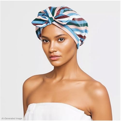 Reusable Shower Cap for Women: Adjustable Waterproof Bath Cap with Elastic Band & Bowknot, Extra Large Spa Shower Bonnet Hair Protector, Salon Quality Hair Hat Gift Set - color: Multicolor 1