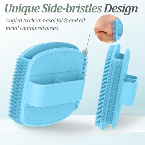 Silicone Back & Face Scrubber & Bath Glove Set 3PCS, 13.4'' Gentle Back Scrubber with Dual-Side Head, 360° Anti-Slip Bath Glove, Unique Side-bristled Face Scrubber for All-Round Cleaning(Blue) - color: Blue*3