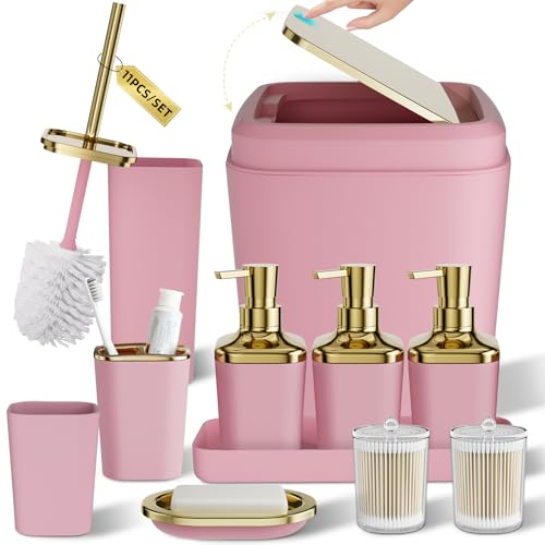 Bathroom Set - 11PC Bathroom Accessory Set, Bathroom Accessories Set, Pink Bathroom Set, Push-lid Trash Can, 3PC Soap Dispensers, Toilet Brush & Q-tip Holders - color: Pink & Gold, size: Bath Set