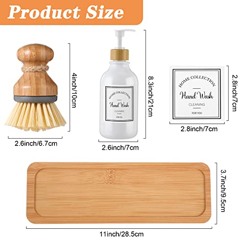 4 Pieces Kitchen Soap Dispenser Set 16 oz Dish Soap Dispenser with Bamboo Pump Soap Tray and Dish Brush Bathroom Soap Dispenser Set with Waterproof Labels for Hand Soap Dish Lotion (White) - color: White