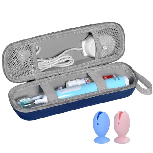Travel Case for Oral-B/Oral-B Pro/Phlips Sonicare Electric Toothbrush with 2pcs Toothbrush Heads Cover Cap, Portable Hard Protective Storage Bag with Accessories Storage (Blue) - color: Blue Case and 2 Caps