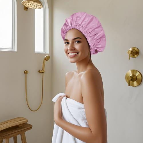 Edoneery Reusable Shower Caps for Women, Waterproof Long Hair Bonnet | Washable Design, Wide Elastic Band, Large Fit, Holds Long Hair, Braids Friendly, Bath Accessories, Spa, Travel - color: Green&Purple