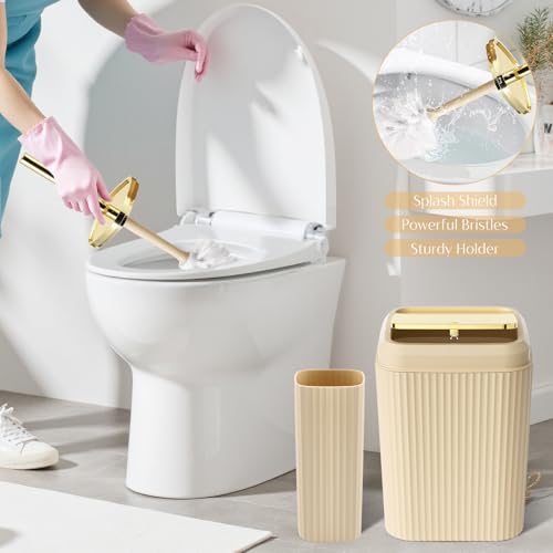 17PCS Bathroom Accessories Set, Beige Bathroom Set Bathroom Accessories Set with Trash Can, Toilet Brush, Toothbrush Holder, Qtip Holder & 3PCS Soap Dispenser - size: Bath Set with Press-Top Trash Can, style: Beige