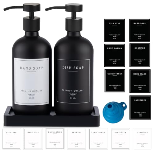 Black Soap Dispenser - Kitchen Hand Dish Soap Dispenser, Glass Bathroom Soap Lotion Dispenser with Tray, Dishwashing Liquid Dispenser, 14 Stickers, Black Bottle/Black Pump-pd - color: Black Bottle/Black Pump + Tray