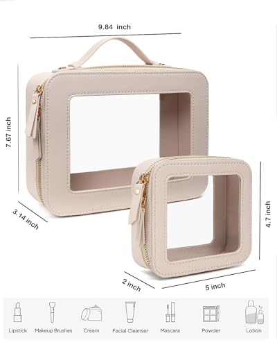 Travel Clear Makeup Bag Set, TSA Approved Cosmetic Bag Case with Zipper Portable Makeup Pouch Toiletry Bag Traveling Cosmetic Organizer Storage Bag Car Organizer Car Essentials - color: Mini + XL Luxe Beige