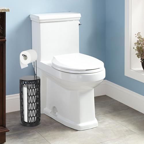 Black Freestanding Toilet Paper Holder with Storage,3 Rolls of Tissue Holder for Bathroom,Handmade Woven Toilet Paper Roll Holder Stand,Rattan Sturdy Boho Bathroom - color: Black