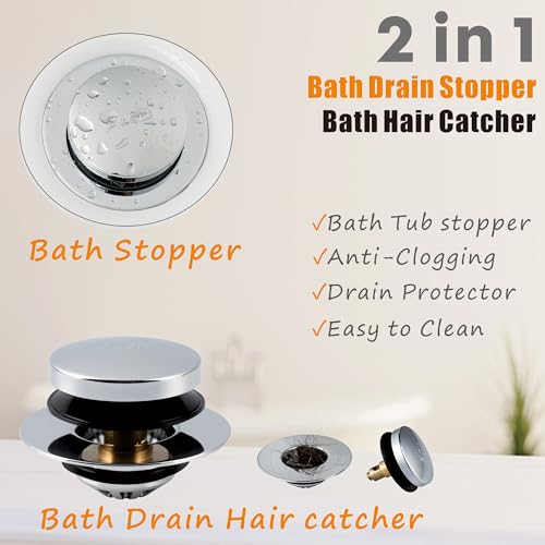 Artiwell Tub Drain, 2 in 1 Pop-up Bathtub Plug with Hair Catcher, Easy Installation Bath Drain Stopper with Strainer, Chrome Plated - color: Chrome Plated