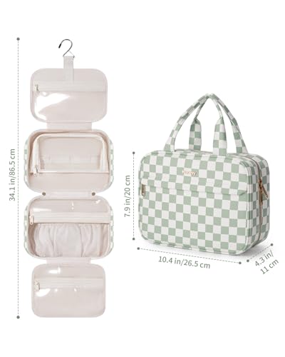 Narwey Hanging Toiletry Bag for Women Checkered Travel Makeup Bag Cosmetic Make Up Organizer Toiletries Bag for Travel Essentials Accessories (Mint Green Checkerboard, Medium) - color: Mint Green Checkerboard, size: Medium