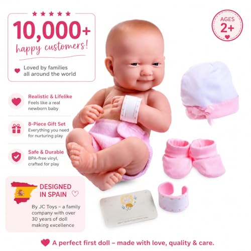 8 piece Layette Baby Doll Gift Set | JC Toys - La Newborn Nursery | 14" Life-Like Smiling Doll w/ Accessories | Pink | Ages 2+, Pink Smiling - color: Smiling Pink