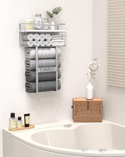 Towel Racks for Bathroom Wall Mounted - Bath Wall Towel Holder Set Above Toilet Storage, Rolled Towel Shelf Organizer for Small Bathroom, Wood Vertical Towel Rack for Bathroom Wall Decor Silver - color: Silver